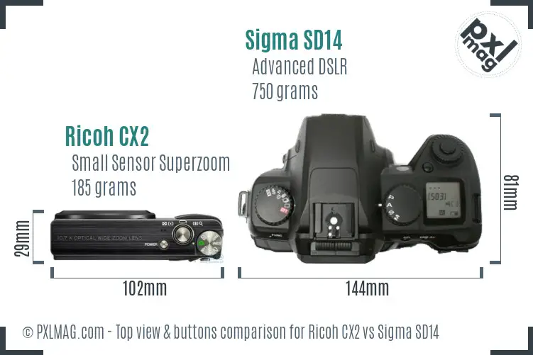 Ricoh CX2 vs Sigma SD14 top view buttons comparison