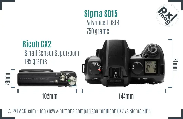 Ricoh CX2 vs Sigma SD15 top view buttons comparison