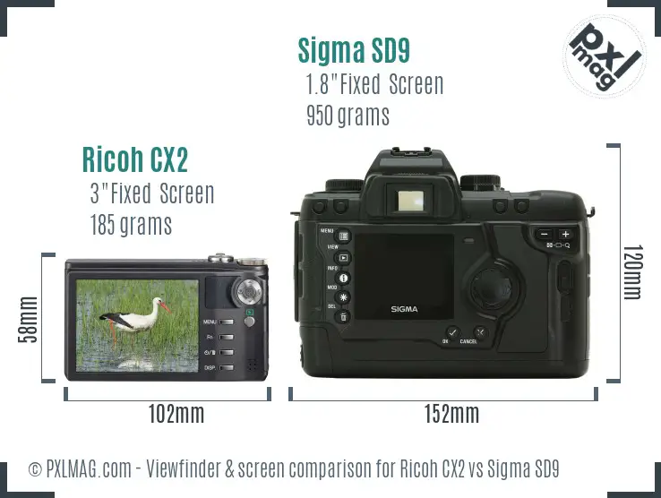 Ricoh CX2 vs Sigma SD9 Screen and Viewfinder comparison