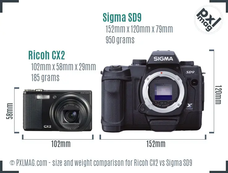 Ricoh CX2 vs Sigma SD9 size comparison