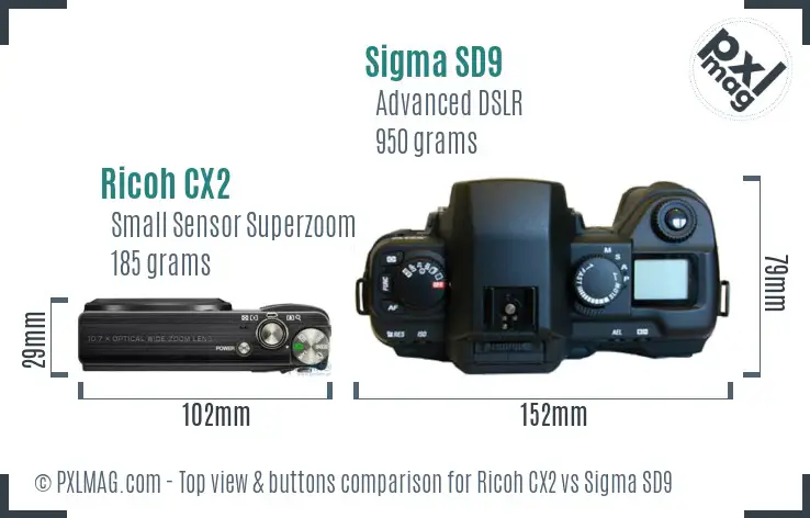 Ricoh CX2 vs Sigma SD9 top view buttons comparison