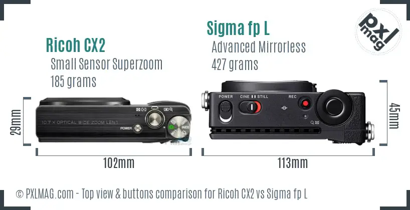 Ricoh CX2 vs Sigma fp L top view buttons comparison