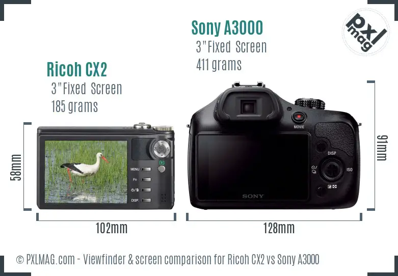 Ricoh CX2 vs Sony A3000 Screen and Viewfinder comparison