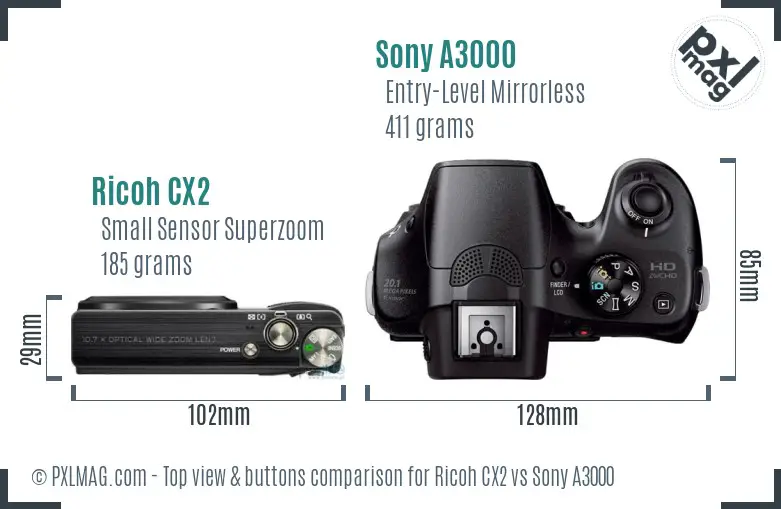 Ricoh CX2 vs Sony A3000 top view buttons comparison