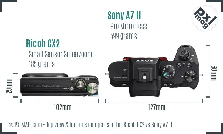Ricoh CX2 vs Sony A7 II top view buttons comparison