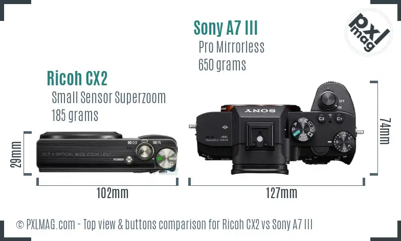 Ricoh CX2 vs Sony A7 III top view buttons comparison