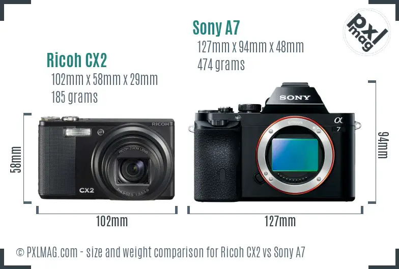 Ricoh CX2 vs Sony A7 size comparison