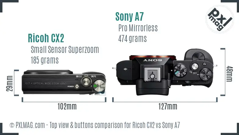 Ricoh CX2 vs Sony A7 top view buttons comparison