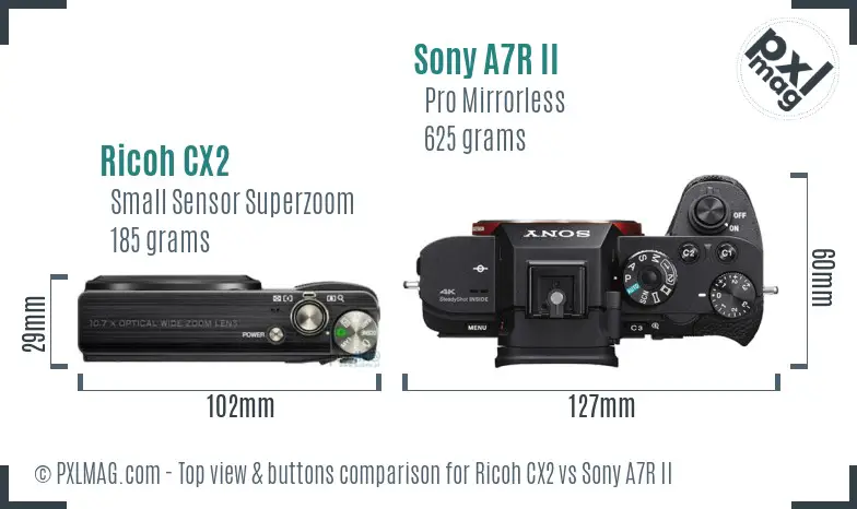 Ricoh CX2 vs Sony A7R II top view buttons comparison