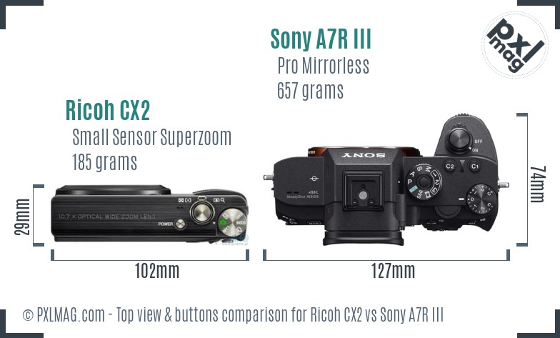 Ricoh CX2 vs Sony A7R III top view buttons comparison