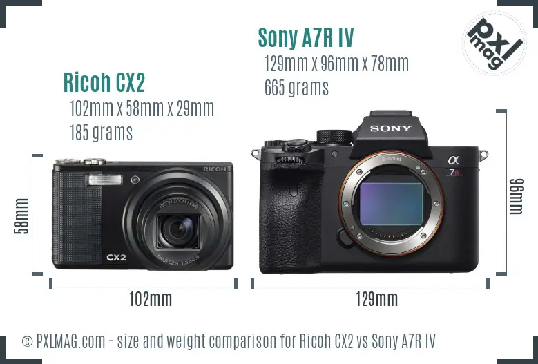 Ricoh CX2 vs Sony A7R IV size comparison