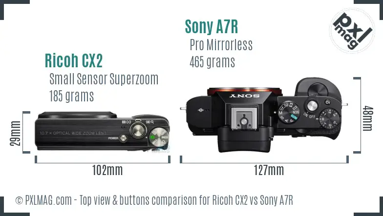 Ricoh CX2 vs Sony A7R top view buttons comparison
