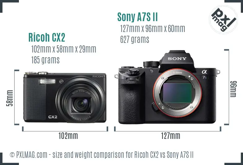 Ricoh CX2 vs Sony A7S II size comparison