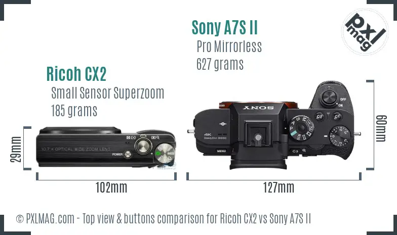 Ricoh CX2 vs Sony A7S II top view buttons comparison