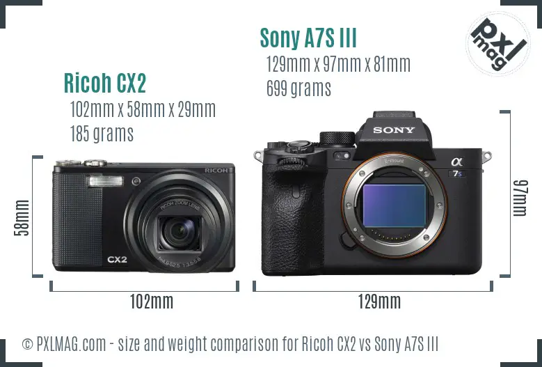 Ricoh CX2 vs Sony A7S III size comparison