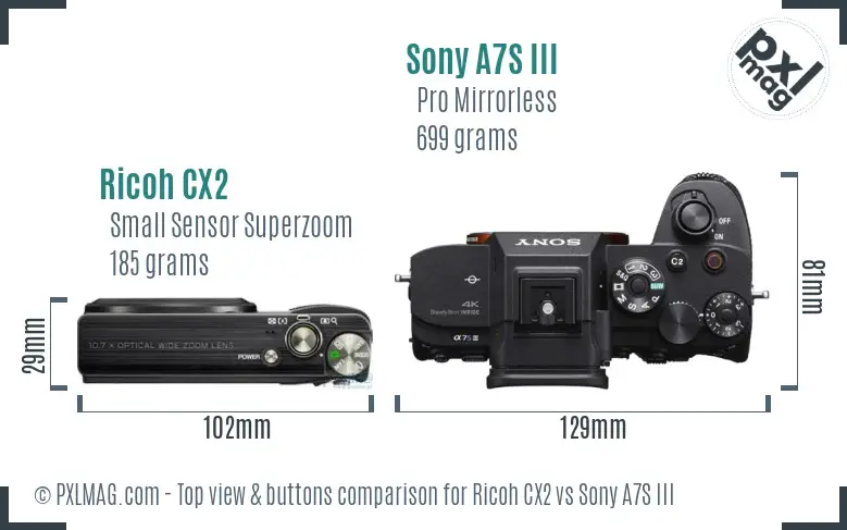 Ricoh CX2 vs Sony A7S III top view buttons comparison