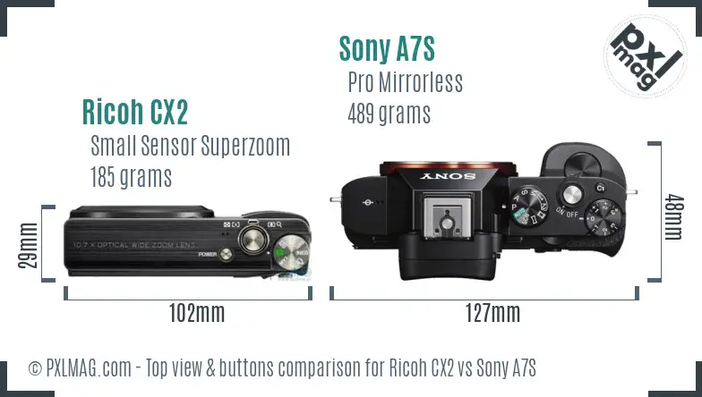 Ricoh CX2 vs Sony A7S top view buttons comparison