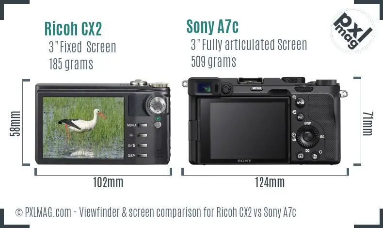 Ricoh CX2 vs Sony A7c Screen and Viewfinder comparison
