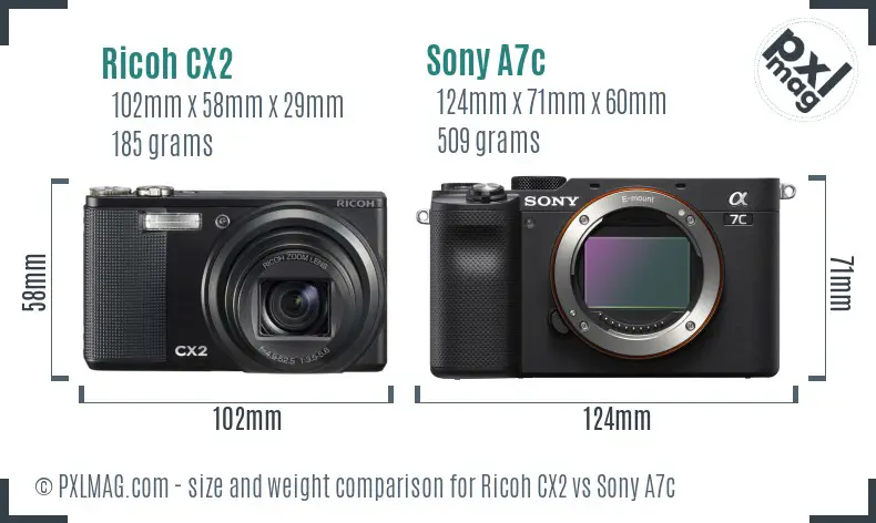 Ricoh CX2 vs Sony A7c size comparison
