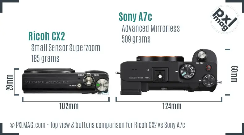 Ricoh CX2 vs Sony A7c top view buttons comparison