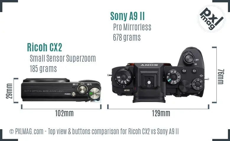 Ricoh CX2 vs Sony A9 II top view buttons comparison Ricoh CX2 vs Sony A9 II top view buttons comparison
