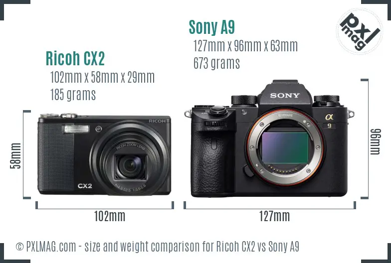Ricoh CX2 vs Sony A9 size comparison