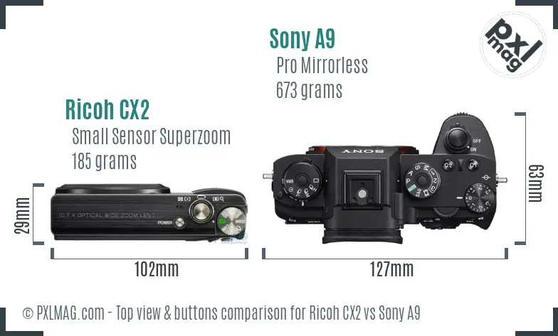 Ricoh CX2 vs Sony A9 top view buttons comparison