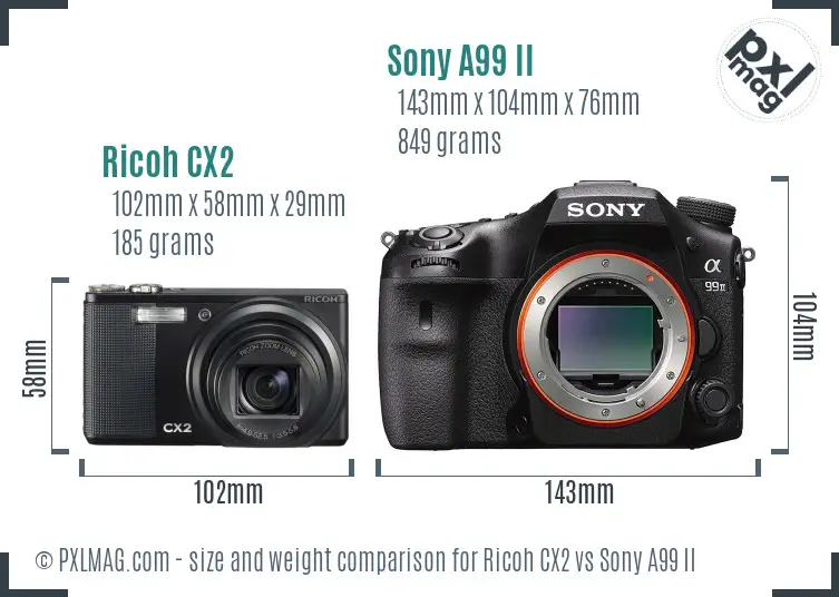 Ricoh CX2 vs Sony A99 II size comparison Ricoh CX2 vs Sony A99 II size comparison