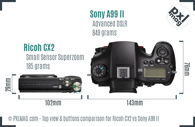 Ricoh CX2 vs Sony A99 II top view buttons comparison Ricoh CX2 vs Sony A99 II top view buttons comparison