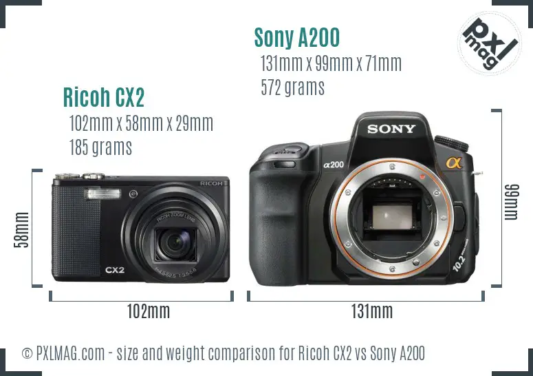 Ricoh CX2 vs Sony A200 size comparison