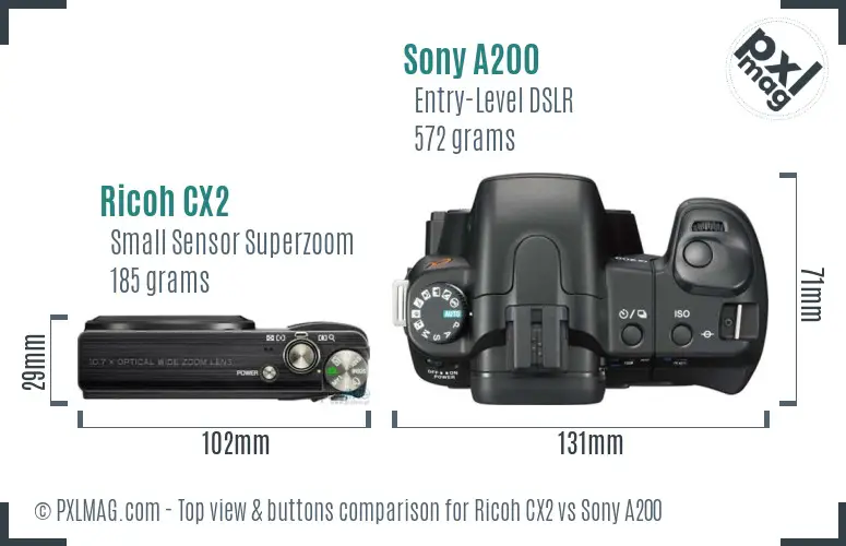 Ricoh CX2 vs Sony A200 top view buttons comparison