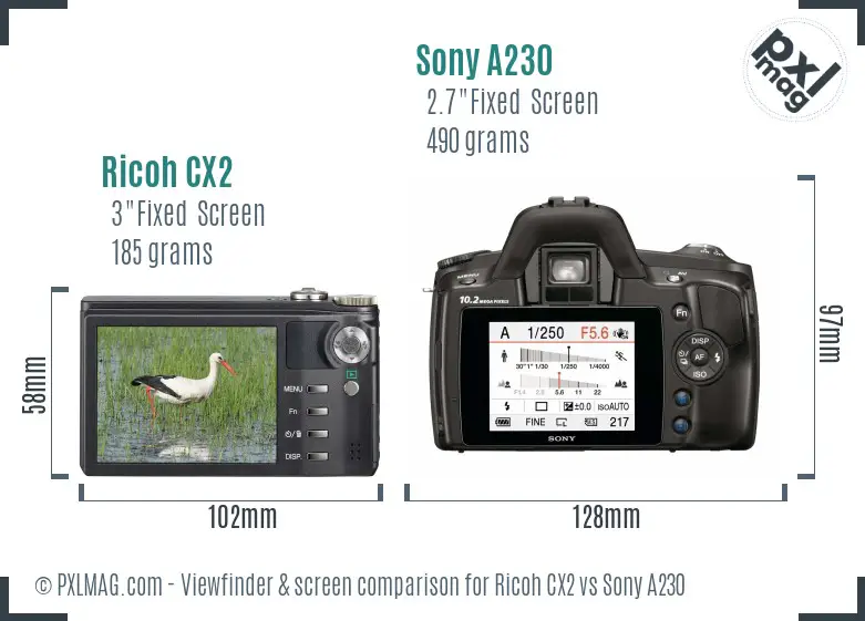 Ricoh CX2 vs Sony A230 Screen and Viewfinder comparison