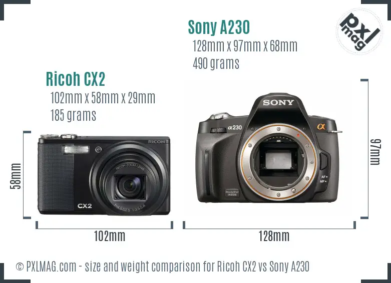 Ricoh CX2 vs Sony A230 size comparison