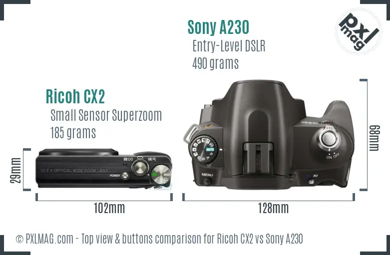 Ricoh CX2 vs Sony A230 top view buttons comparison