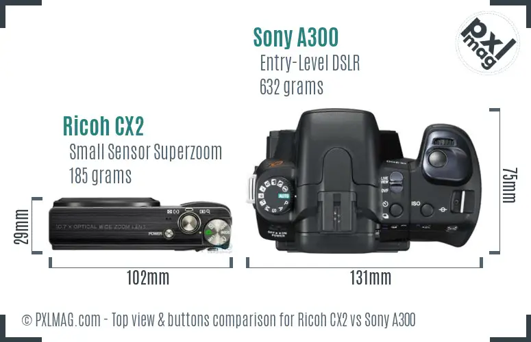 Ricoh CX2 vs Sony A300 top view buttons comparison