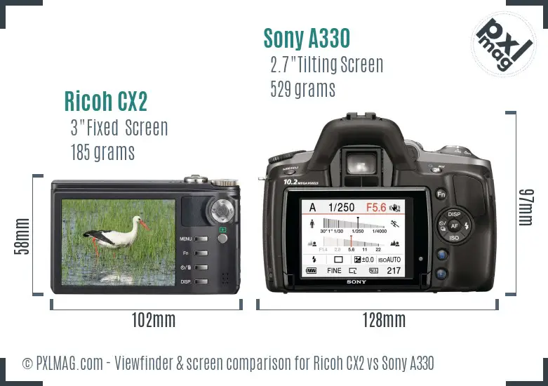 Ricoh CX2 vs Sony A330 Screen and Viewfinder comparison