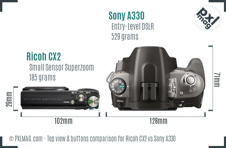 Ricoh CX2 vs Sony A330 top view buttons comparison