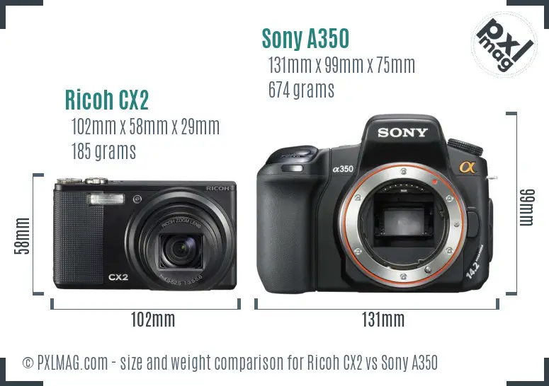 Ricoh CX2 vs Sony A350 size comparison