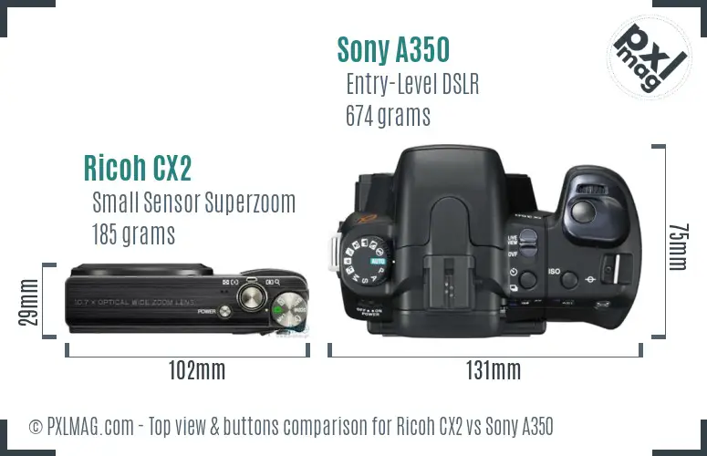 Ricoh CX2 vs Sony A350 top view buttons comparison