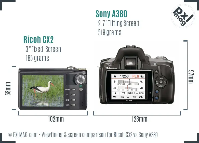 Ricoh CX2 vs Sony A380 Screen and Viewfinder comparison