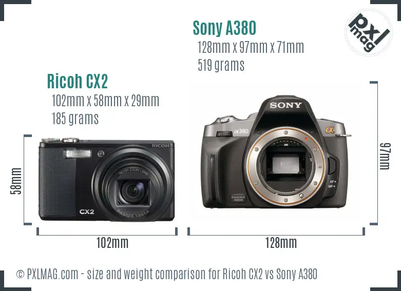 Ricoh CX2 vs Sony A380 size comparison