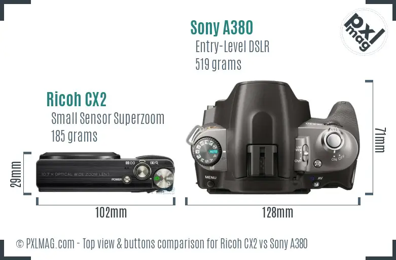 Ricoh CX2 vs Sony A380 top view buttons comparison