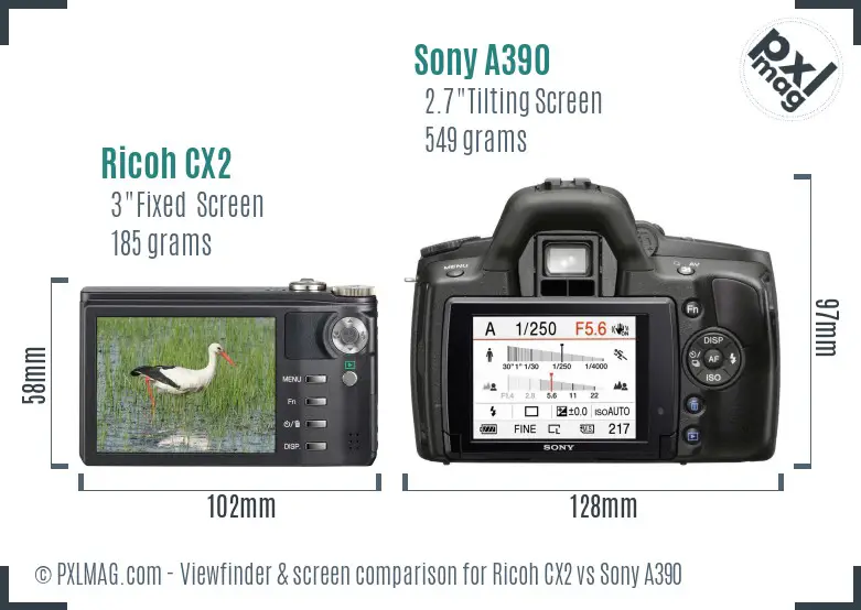 Ricoh CX2 vs Sony A390 Screen and Viewfinder comparison