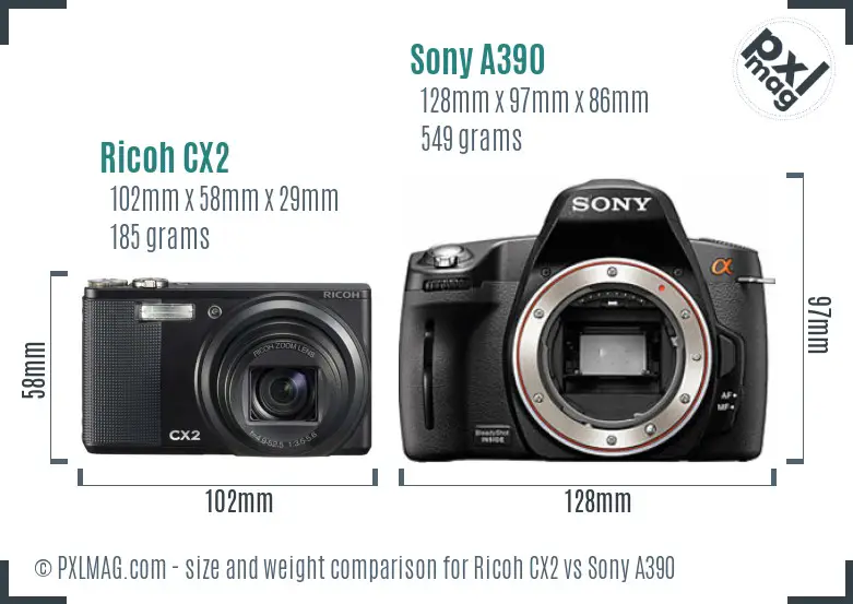Ricoh CX2 vs Sony A390 size comparison