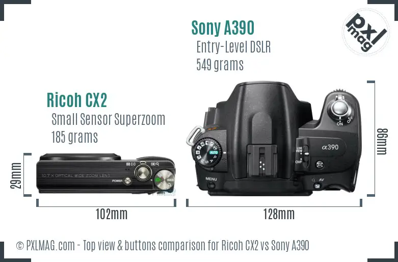 Ricoh CX2 vs Sony A390 top view buttons comparison