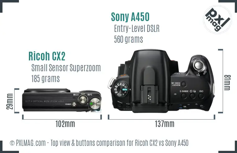 Ricoh CX2 vs Sony A450 top view buttons comparison