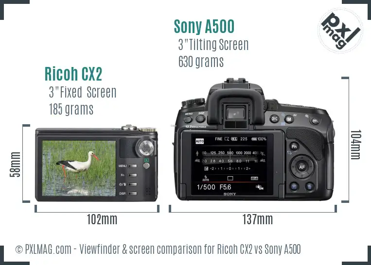 Ricoh CX2 vs Sony A500 Screen and Viewfinder comparison