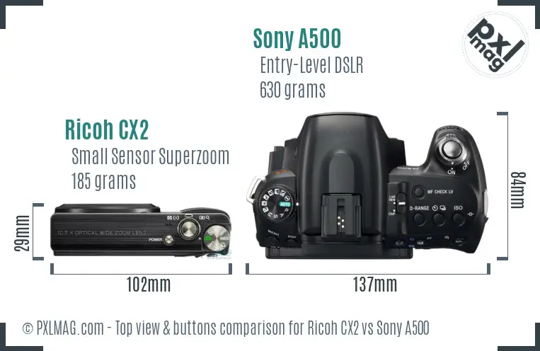 Ricoh CX2 vs Sony A500 top view buttons comparison