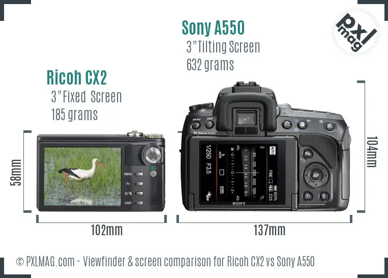 Ricoh CX2 vs Sony A550 Screen and Viewfinder comparison