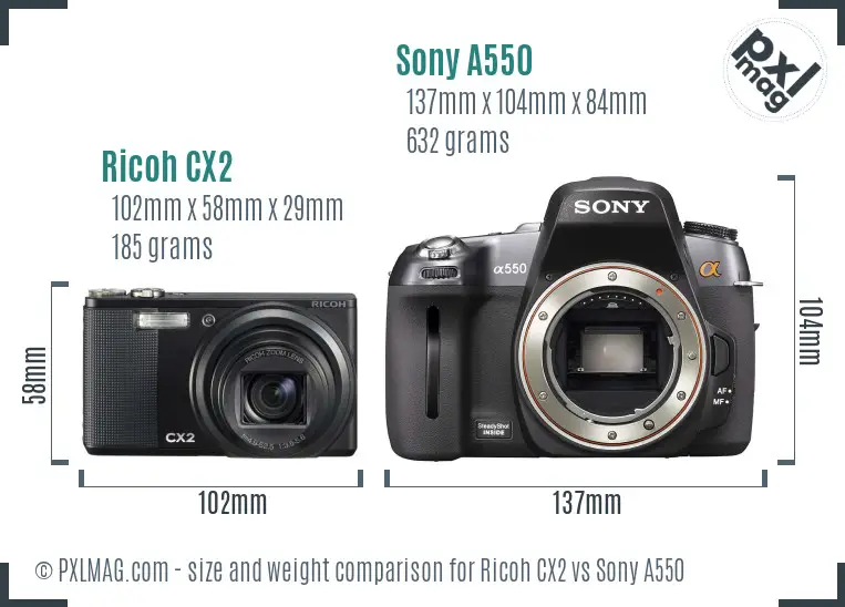 Ricoh CX2 vs Sony A550 size comparison